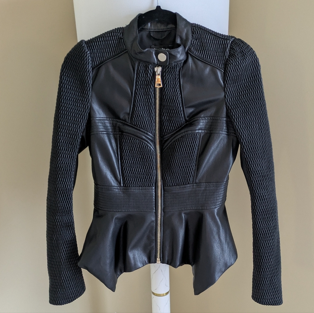 Bebe Black Leather Peplum Jacket